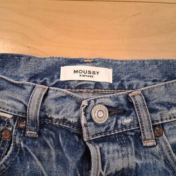 MOUSSY VINTAGE High Rise Denim Shorts Button Fly Raw Hem Distressed Size 24"x5" - Picture 2 of 9